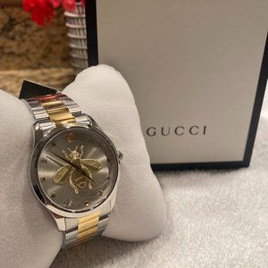 GUCCI G-Timeless 38mm Silver Stainless Steel Case Gold/Silver Strap Ladies.